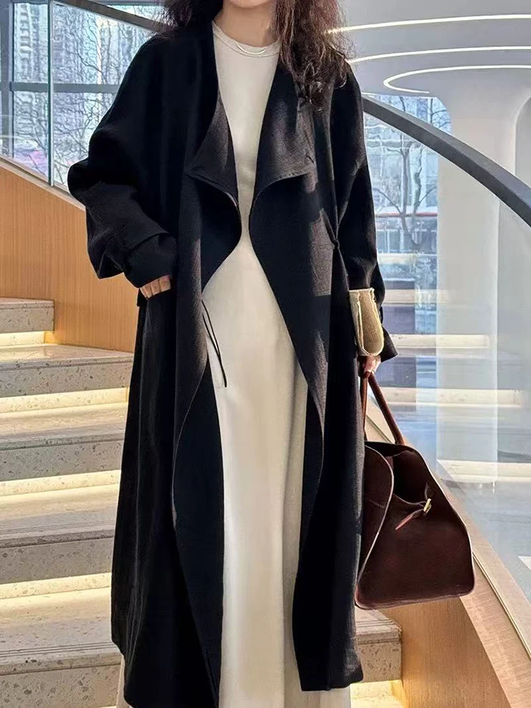 

Spring Women Y2K Loose Drawstring Casual Ladies Jacket Elegant Hepburn Style Midi Coats Korean Chic Elegant All Match Outwear