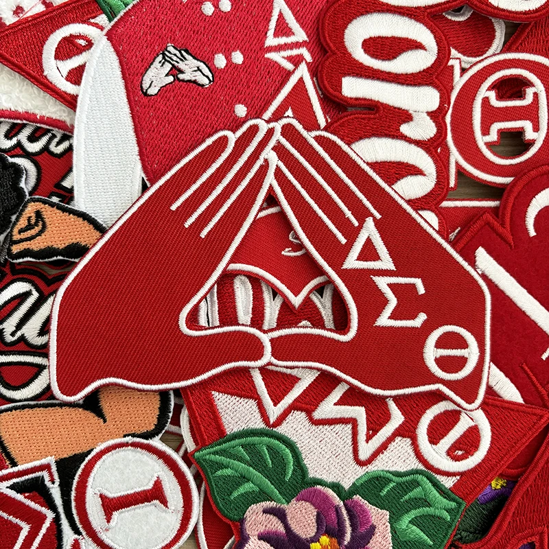 Custom Stock Embroidered Delta Sigma Theta Greek Sorority Soror 1913 delta Shield Crest Red Elephant Iron on Patch for Jacket