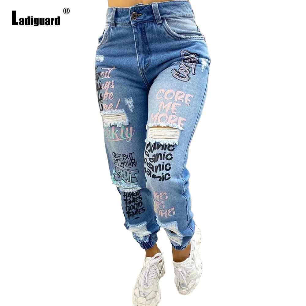 

Women's Letter Print Demin Pants Girls Streetwear Sexy Ripped Jeans Skinny Trouser 2023 European Fashion High Cut Pencil Pants