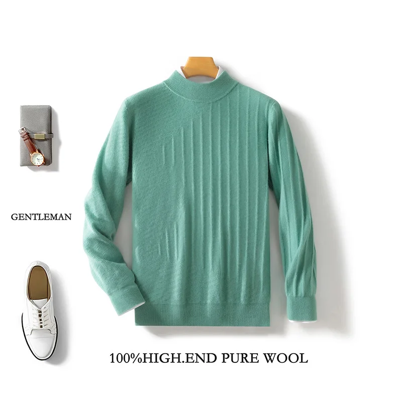 

Autumn Winter New 100% Pure Wool Men's Loose Semi-High Solid Color Pullover Sweater Leisure Business Knitting Bottoming Shirt