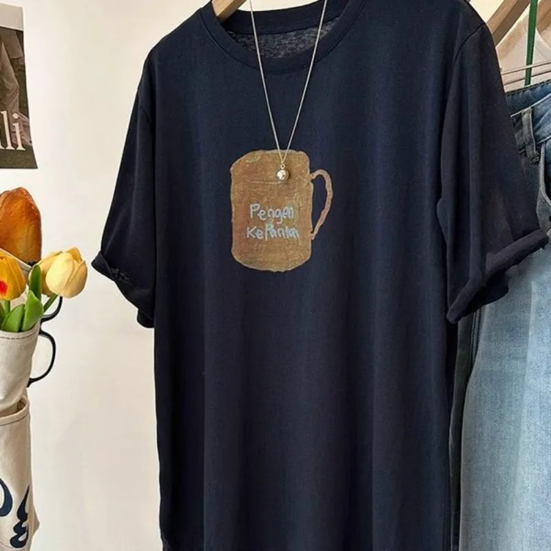 Women's Ice Cotton T-shirt with Beer Mug Print Loose Short Sleeve Summer Tee