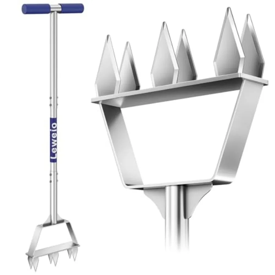 

Manual Lawn Aerator Spike Tool, Semi-Assembled, Non-Clogging Spike Aerator with 6 Steel Spikes, Ergonomic Handle and Reinforced