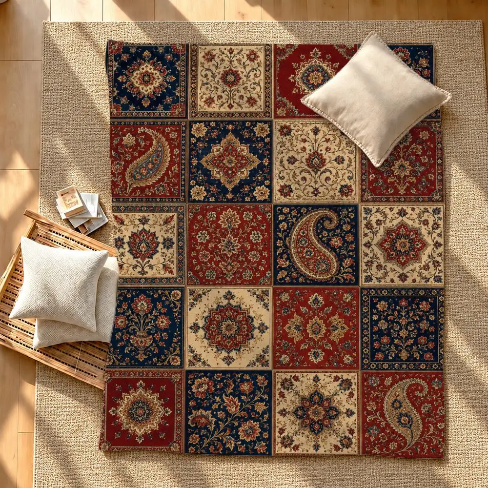 Pattern Vintage Bohemian Tile Patchwork Throw Soft Plush Flannel Pet Blanket, Home Decor Cover for Sofa, Bed, Trip & Picnic