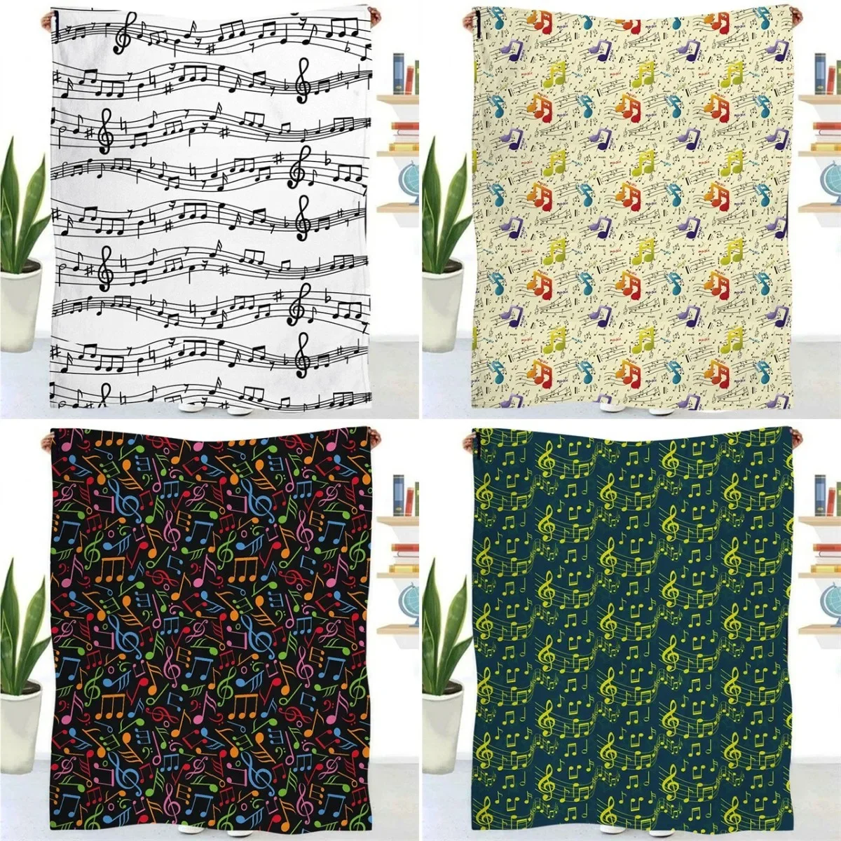 Colorful Music Note Pattern Fleece Flannel Blanket for Bed Couch Soft Warm Office Nap Sofa Blanket King Queen Size for Boy Girl