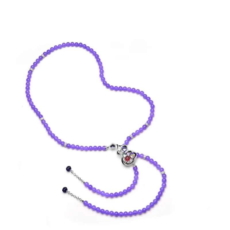 BELLUX 925 Silver Synthetic Zircon Colored Carved Gemstone Calabash 8mm Handmade Purple Chalcedony Round Beads Long Neck