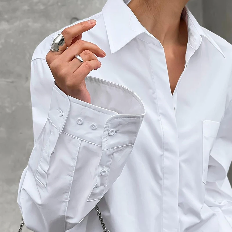 

Women's slouchy shoulders loose design sense of minority long-sleeved all-matching pure cotton white shirt