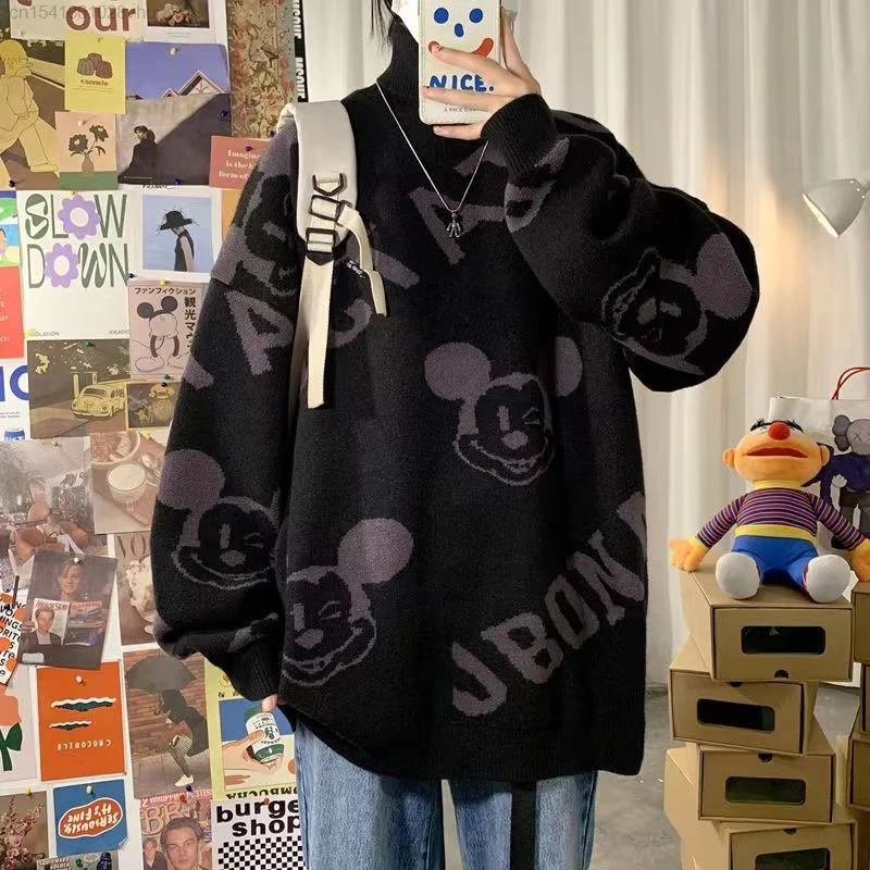 Disney Mickey Mouse Turtleneck Sweaters For Men And Women Harajuku Fashion Korean Style Knitwear Gothic Hip Hop Knite Tops Yk2