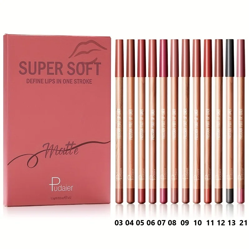 Pudaier Set di 12 matite per labbra multicolori opache impermeabili, regalo di San Valentino naturale a lunga durata, resistente al sudore