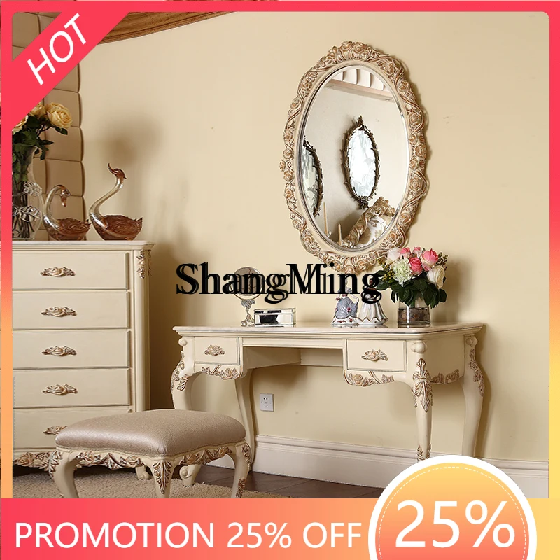 FG good-looking  Antique White Rose Carved Dresser Makeup Mirror Dresser Table Home Jewelry Cabinet