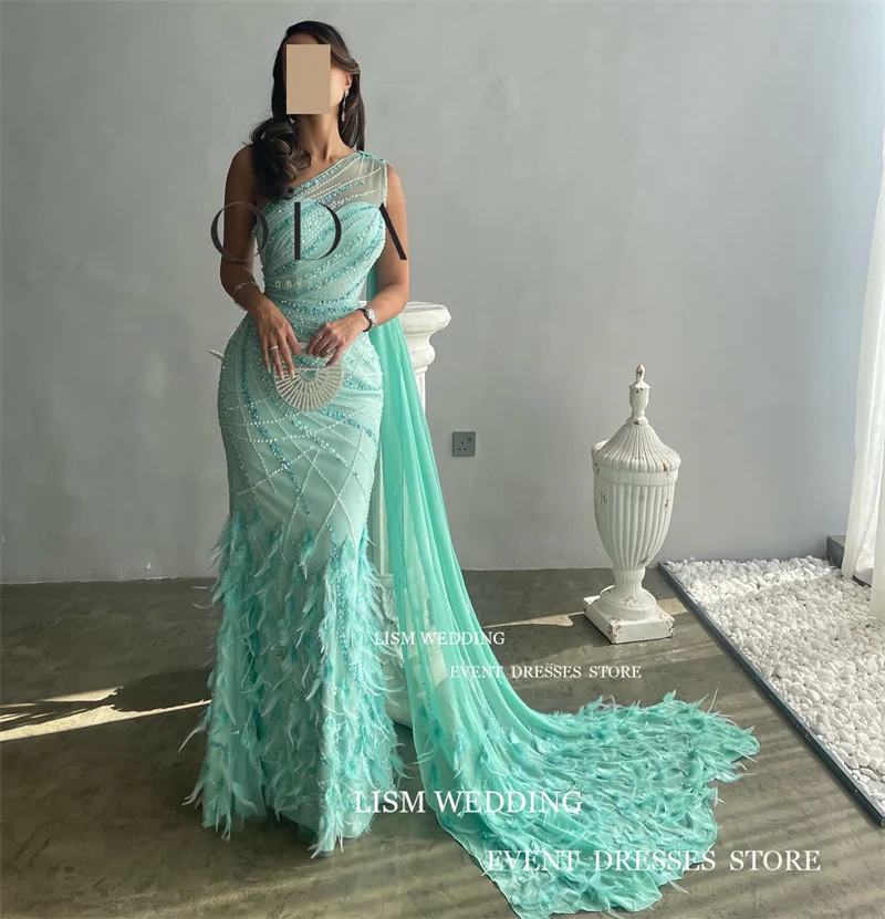 LISM  Elegent Shiny Pearls Feathers Formal Evening Dress One Shoulder Mermaid Prom Gown With Long Shawl Sexy Women 2024