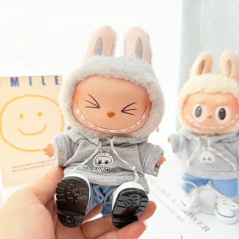 Labubu I II Dolls Clothes Cute Gray Hoodie Outfit with Hat Shoes Sitting Party Accessories Clothing Plush Doll'S Clothes