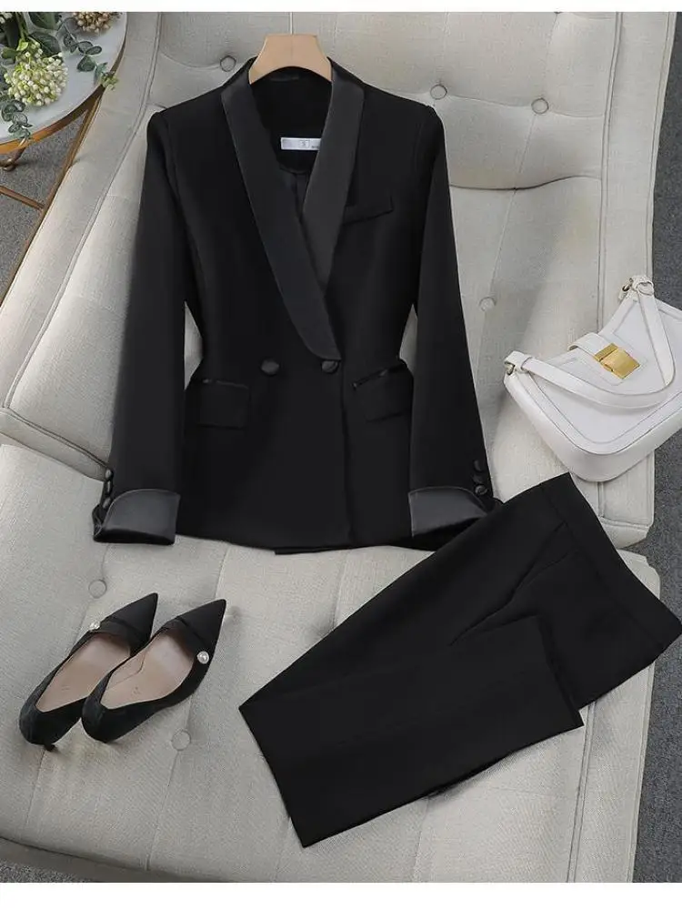 ฤดูใบไม้ร่วงผู้หญิงทํางาน Blazer สูทสีดําสีแดง Patchwork Double Breasted Coat Top และกางเกงเอวสูง 2 ชิ้นชุด Office Lady