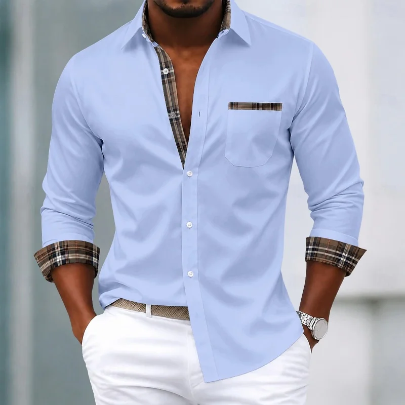 Men's shirt with patchwork plaid long sleeved shirt, flip tie pocket, contrasting color cuffs, casual loose men's shirt XS-6XL