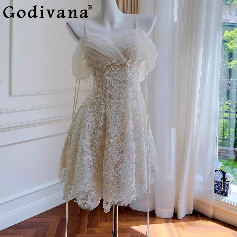 

French Design Off Shoulder Lace Dress Women's Strap Mini Birthday Party Vacation Dress Female Summer Sweet Banquet Dress