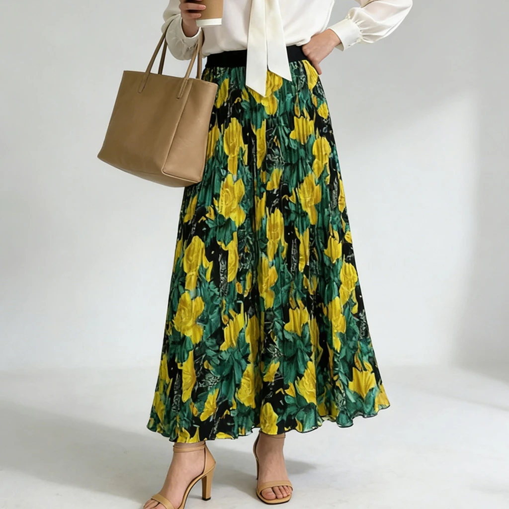 Rose Flower Pleated Skirt Women High Waisted Elegant Office Ladies Work Party Beach Long Skirt Spring Summer