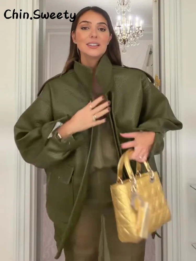 

Street Stand Collar Leather Bomber Jacket Women Loose Green Full Sleeve Single Breasted Pocket Coat 2026 Spring Lady Outwear New