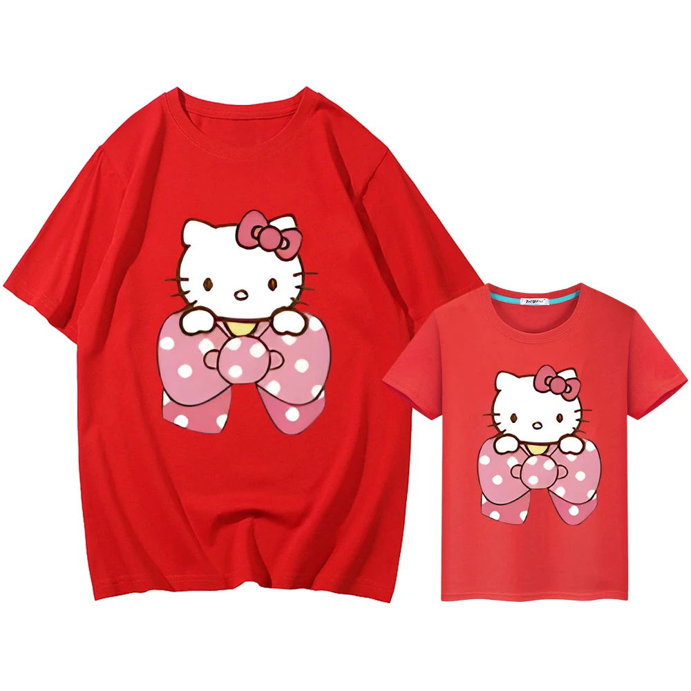 Roupas combinando de estampa Hello Kitty para meninos e meninas, 100% algodão, camiseta curta anime para homens e mulheres, Y2K, mamãe e filha, roupas combinando família