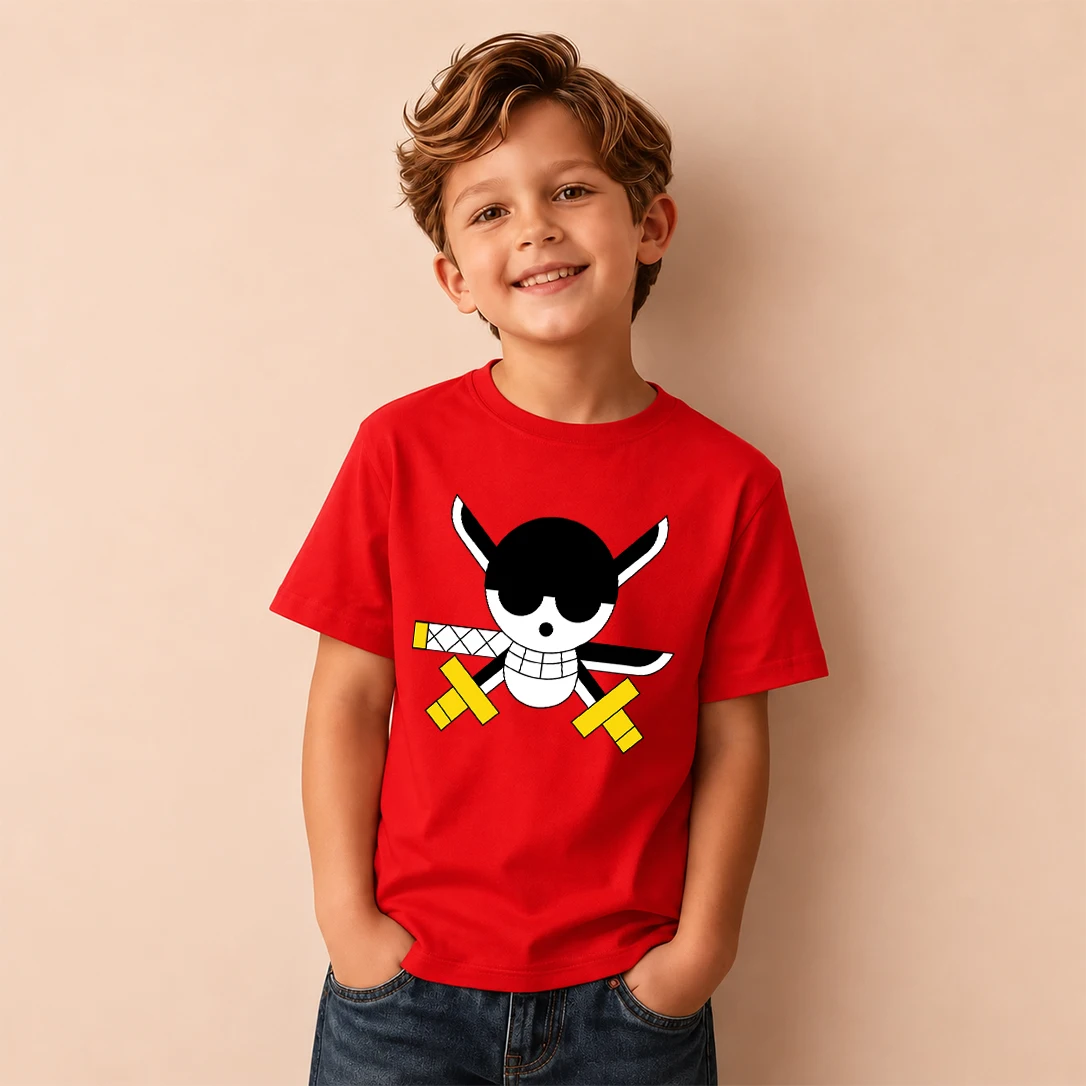 Kids T‑Shirt One Piece Roronoa Zoro Three‑Sword Pirate Skull Print Short Sleeve Casual Tops Boys Girls Anime Children Daily Tees