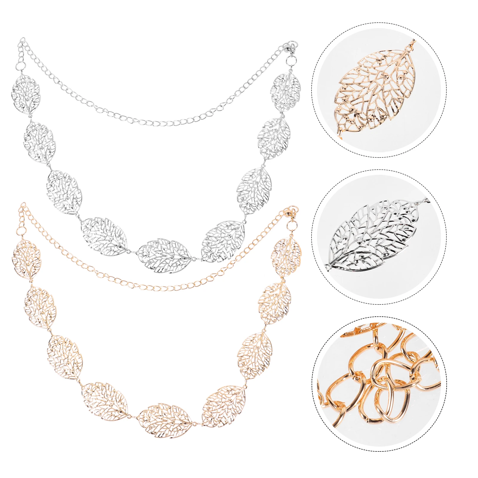 

2Pcs Metal Waist Belt Hollow Leaf Design Fashion Jewelry Accessory Durable Bright Color Non Fading Deform Women Chain