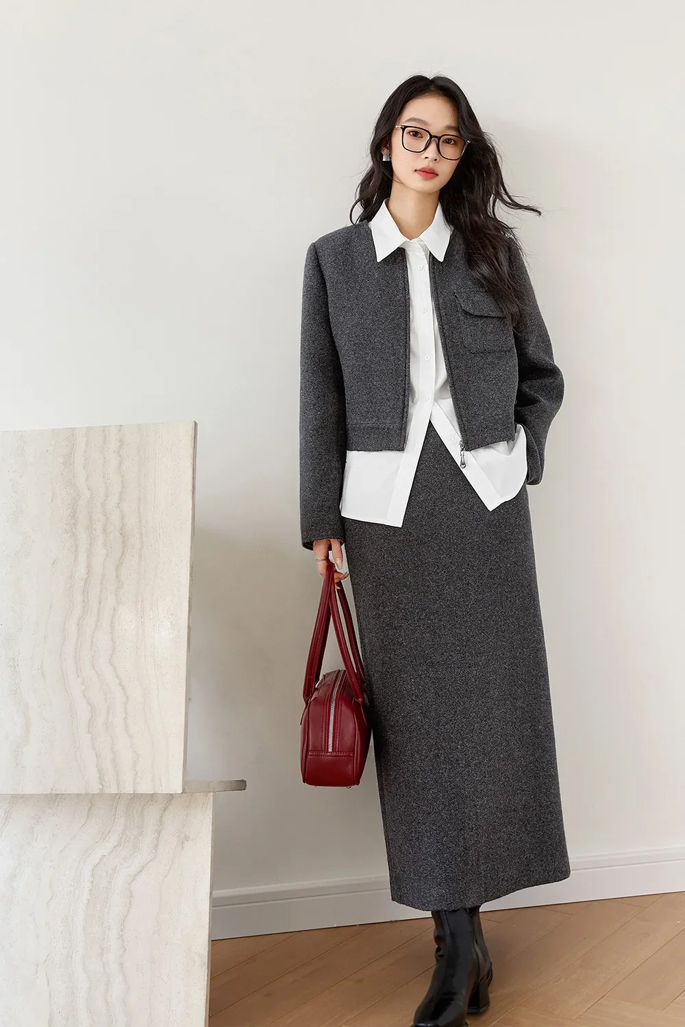 VINMLY Women Casual Simple Blazer and Long Skirts Suit Vintage Business Suit Jackets Straight Skirt Two Pieces Female Outfits