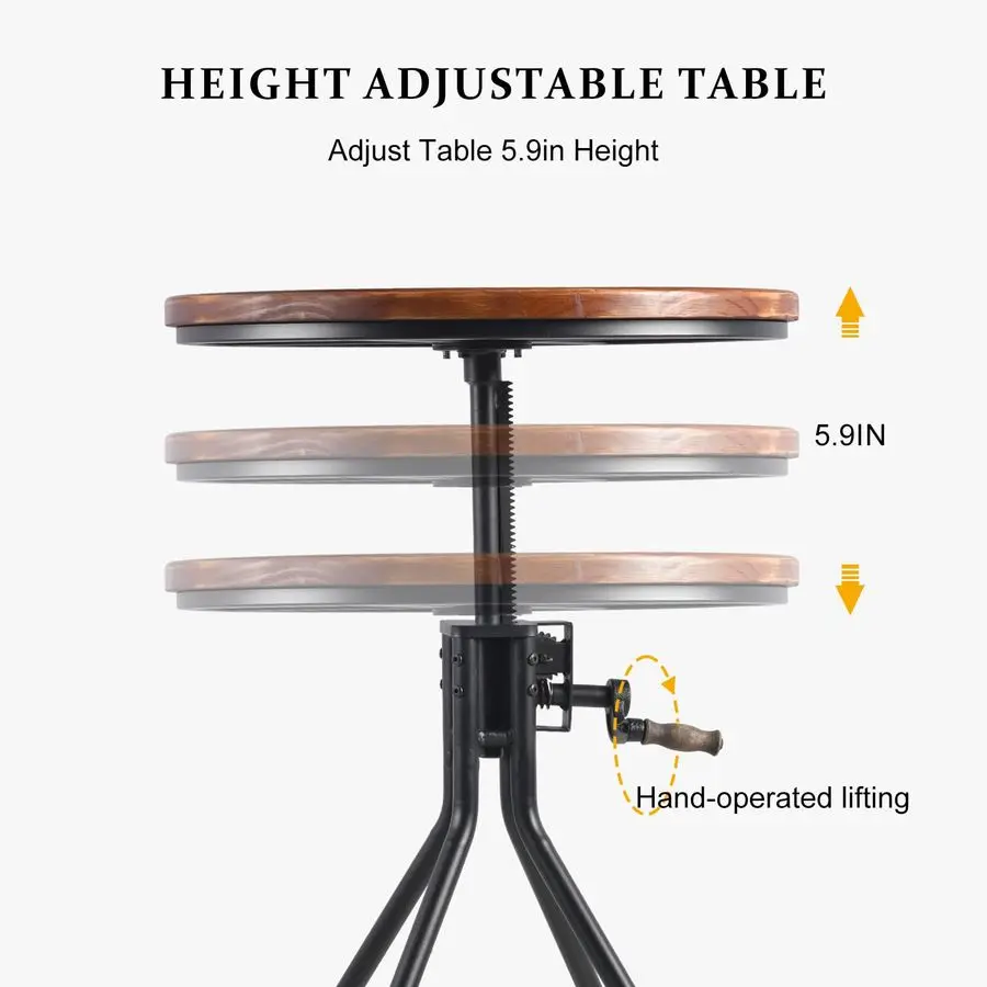 調節可能なヴィンテージスタイルの工業用ラウンドバーテーブル、回転式木製トップメタルフレーム付き、高さ29.5335.43、クランクHで簡単に調整可能