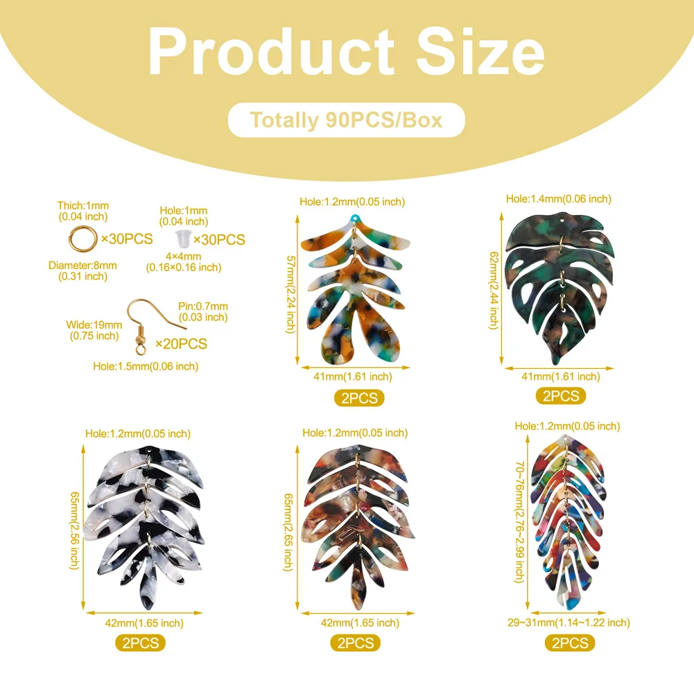 Cellulose Acetate Resin Monstera Leaf Dangle Earring Charm Pendants with Brass Earring Hooks for Jewelry Making DIY Supplies Kit