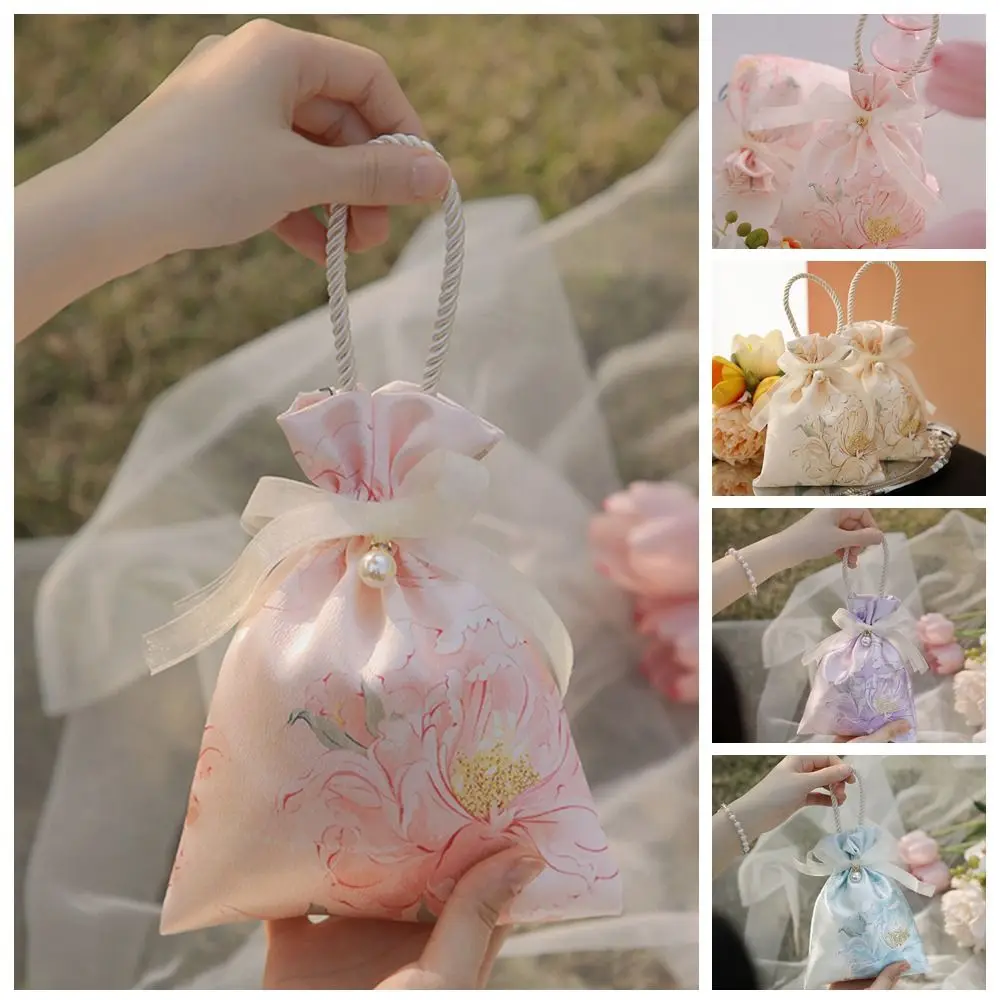 Flower Canvas Drawstring Bag Korean Style Pearl Pendant Canvas Knot Wrist Bag Jewelry Packing Bag Bucket Bag Wedding Candy Bag