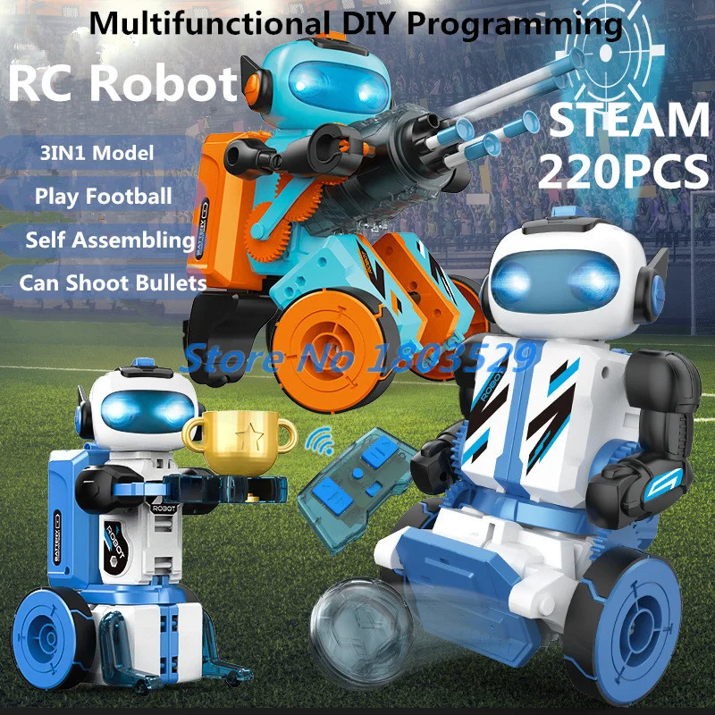 Robô de controle remoto a vapor multifuncional 2.4g 220 peças modelo 3 em 1 programação diy jogar futebol auto montagem brinquedo robô rc