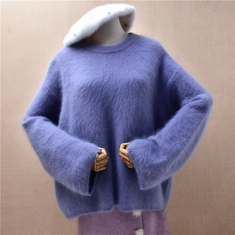 

Women Mujer Autumn Winter Fashion Hairy Plush Mink Cashmere Knitted O-Neck Long Flare Sleeves Loose Pullover Sweater Jumper Pull
