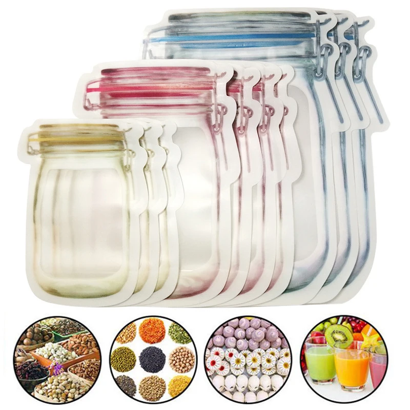 Mason Jar Bottles Ziplock Bags Reusable Food Storage Bag for Snacks Nuts Candy Biscuit Cookies Bags Kitchen Organizer Sealed Bag