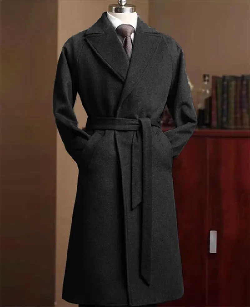 Casaco de lã longo elegante masculino, corta-vento, Monocromático, Casual, Roupa de negócios, Cavalheiro, Outono, Inverno