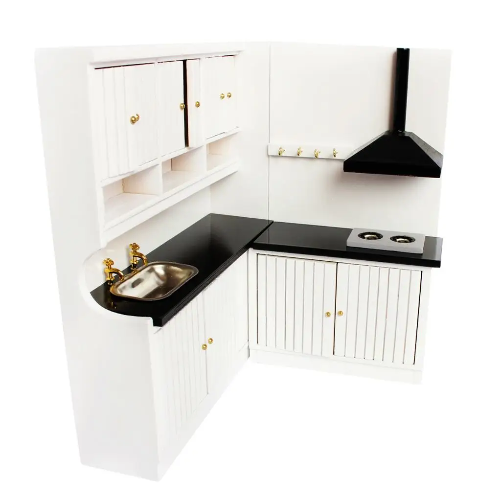 

Dollhouse Miniature Furniture Wooden Kitchen Stove Sink Cabinet Cupboard Set 1/12 Scale