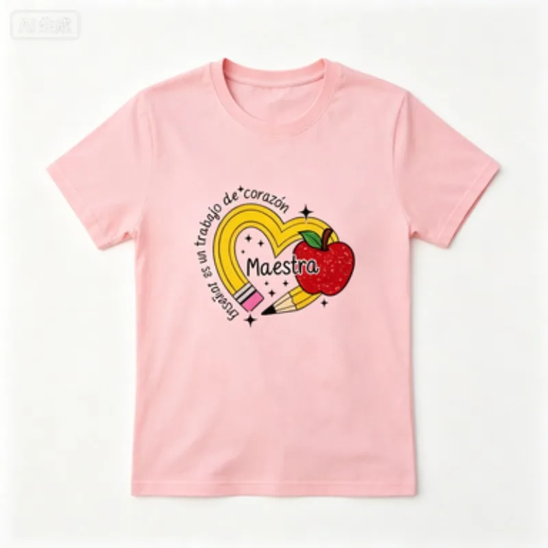 T-Shirt Spanish Teacher Maestra Quote Graphic Curved Heart Pencil Apple Design Casual Short Sleeve Ladies Back To School  Tee