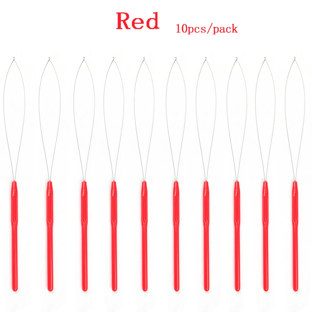 Red 10Pcs Hair Extension Loop Needle Threader Pulling Hook Tool and Bead Device Tool Loop Threader For Hair Feather Extensions