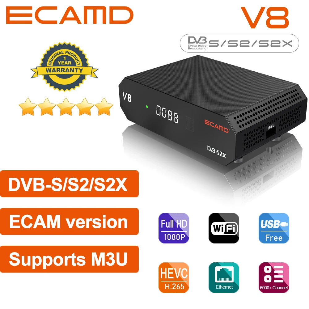 ECAMD V8 DVB-S/S2/S2X Satellite Receiver multi-stream HEVC main 10 profile Support Built-in 2.4G WIFI BISS auto roll，ecam v8