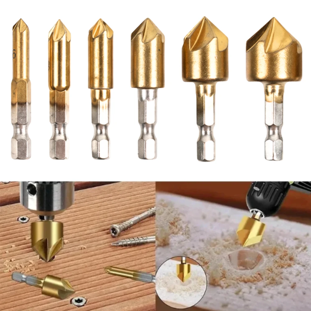 

6 шт. шестигранная ручка с титановым покрытием, нож для снятия фаски с пятью краями, открывалка для отверстий, потайная дрель, 6-19 мм, набор инструментов для точечной обработки дерева