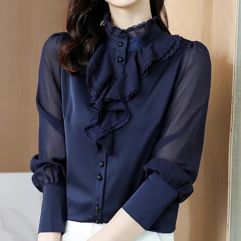 Elegant Lace Chiffon Blouse for Women, Ruffle Shirt, Casual Long Sleeve Tops, Dark Blue Button, Female Clothing, Fashion, 20389