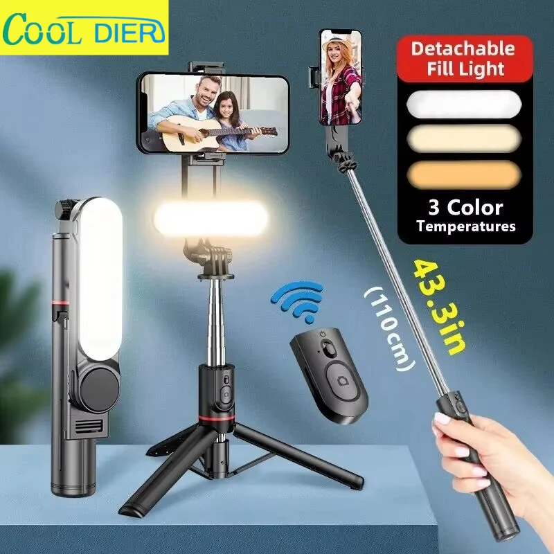 COOL DIER L15 Neue Stative mit Bluetooth-Auslöser, LED-Licht, Telefonhalter, Selfie-Stick-Stativ für Smartphone, Tiktok Live