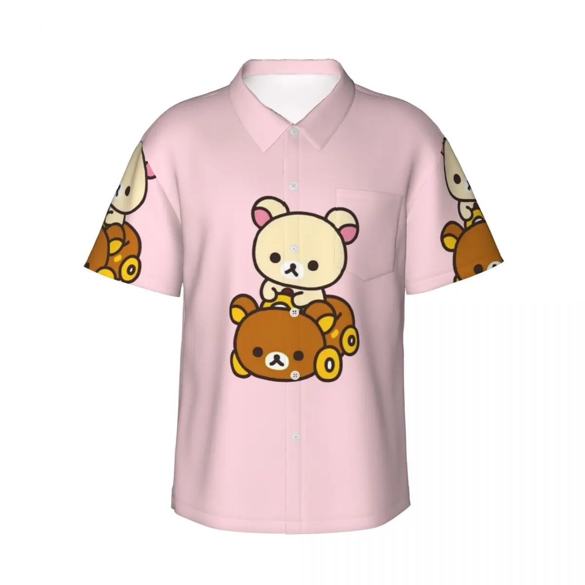 

Korilakkuma Driving A Rilakkuma Car Men's Shirts Hawaiian Short Sleeve Shirt Fashion Button Tops for Summer Beach