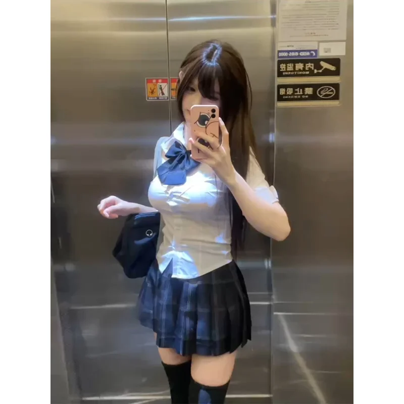 S-8xl plus size American Jk school uniform original uniform bow pleated skirt college style slim shirt high waist skirt suit