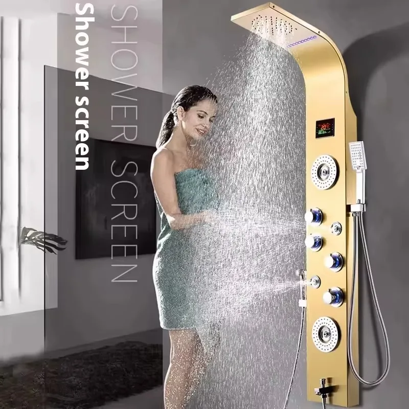 Wall Hotel Thermostatic Shower Light Emitting Diode Screen Digital Temperature Shower Stainless Steel Shower System Bathroom