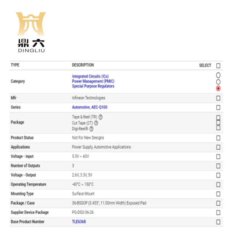 TLE6368G2AUMA1 IC REG AUTO APPL 3OUT DSO-36 TLE6368G2AUMA1Vehicle Application Voltage Regulator IC