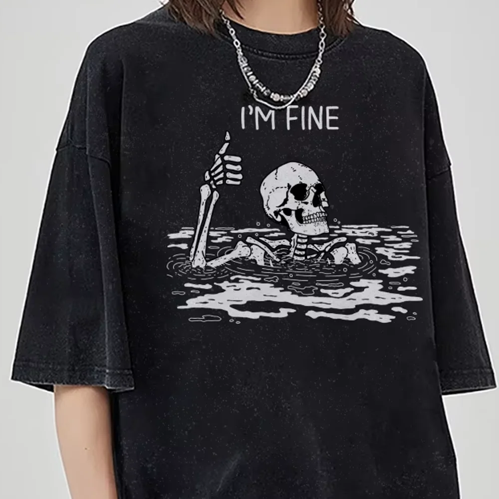 

i'm fine Letter Skull Print Women's Special Shirt Oversized Oversized Wash Short Sleeve Unisex Fashion High Street Hip Hop Trend