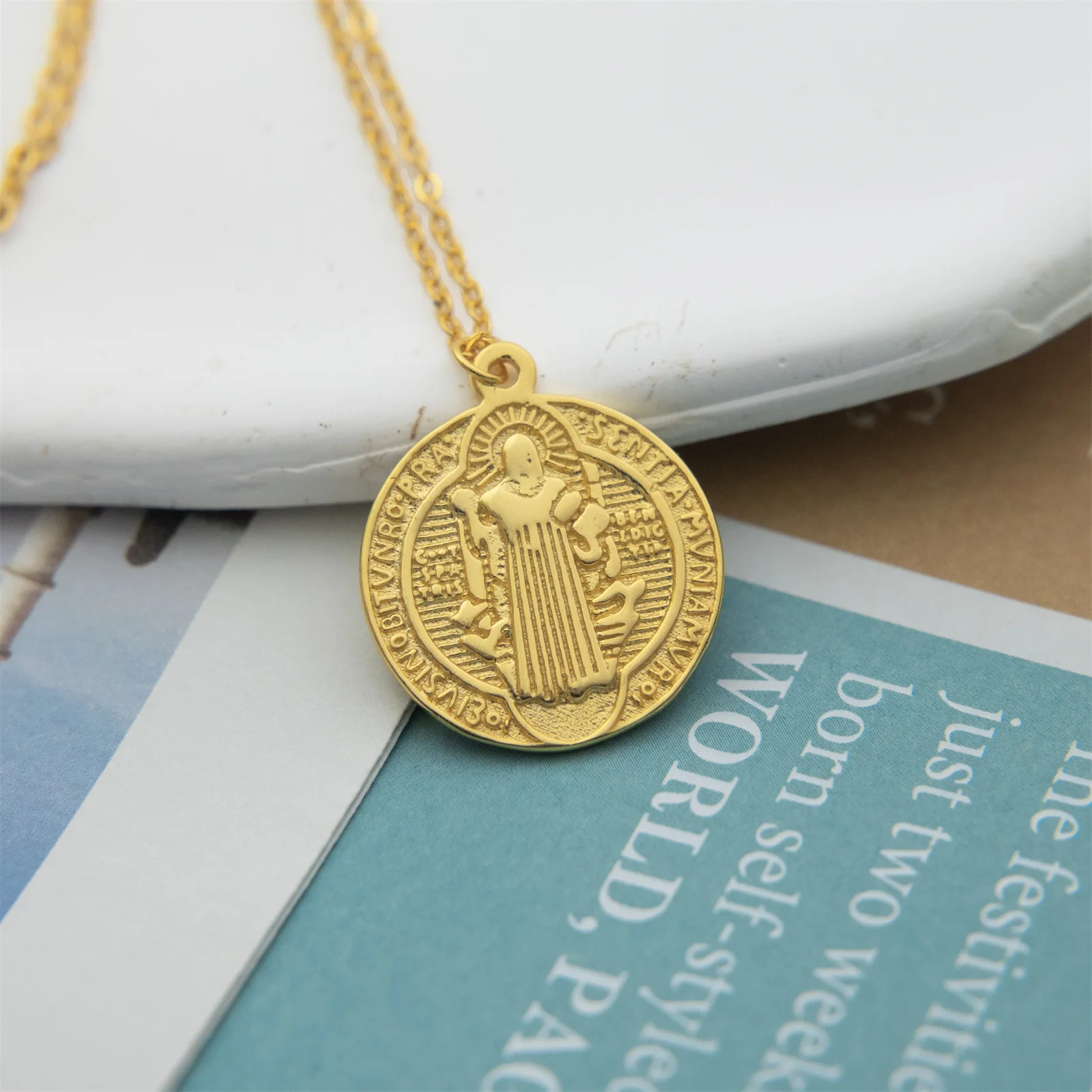 Gold Color Sterling Silver 925 San Benito Medal Round Pendant Necklace for Girls Women  Lady Religious Saint Benedict Exorcism