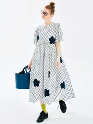 IMAKOKONI original design short sleeved lapel polka dot flower decal dress for women  244697