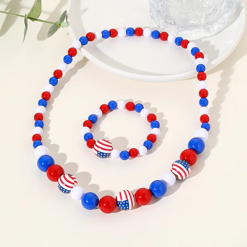 G&D Independence Day USA Patriotic 4th of July American Flag Wooden Blue/Red Beads Necklace/Bracelet Set for Women Jewelry Gift