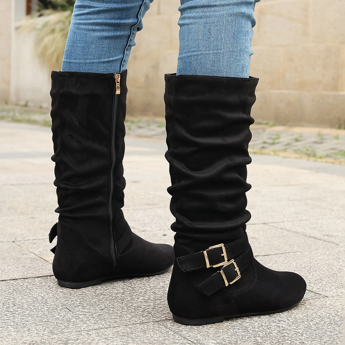 Pleated European-style Flat-heeled Women's Fashion Boots with Double Buckles, Brown Suede Side Zipper Women's Boots