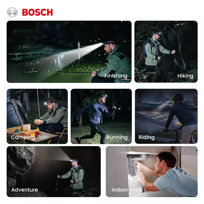 BOSCH LED Headlamp 190 Lumens Flashlight 3 Lighting Modes 62x46x42mm Square Lamp Adjustable Straps Head Mounted Flashlight