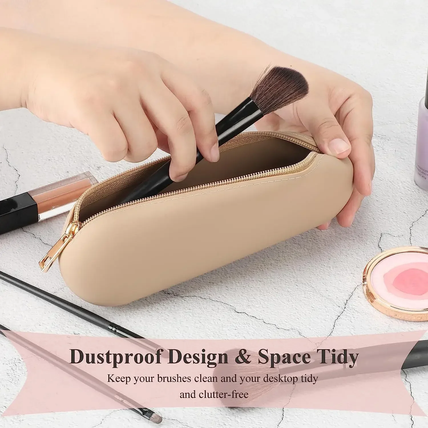 Travel Makeup Brush Holder, Silicone Makeup Brush Organizer with Upgrade Anti-Fall Out Zipper Closure,Makeup Brush Bag for Daily