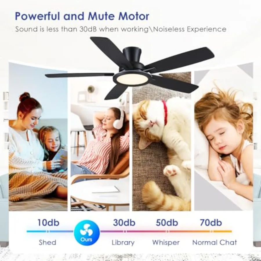 Flush Mount Ceiling Fan with RGB Light - 52In Black Ceiling Fan Light with Reversible Mute Motor, LED 3CCT Dimmable, Low Profil